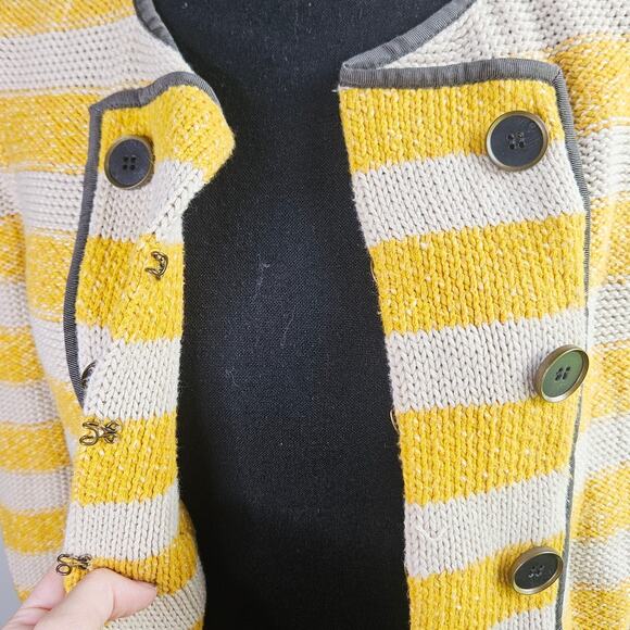 LOFT Military Style Cardigan Sweater Yellow Cream Striped Cotton Size Small - Picture 9 of 12